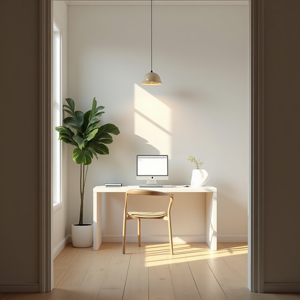Spațiu de lucru minimalist cu laptop și o singură plantă, ambianță de concentrare profundă