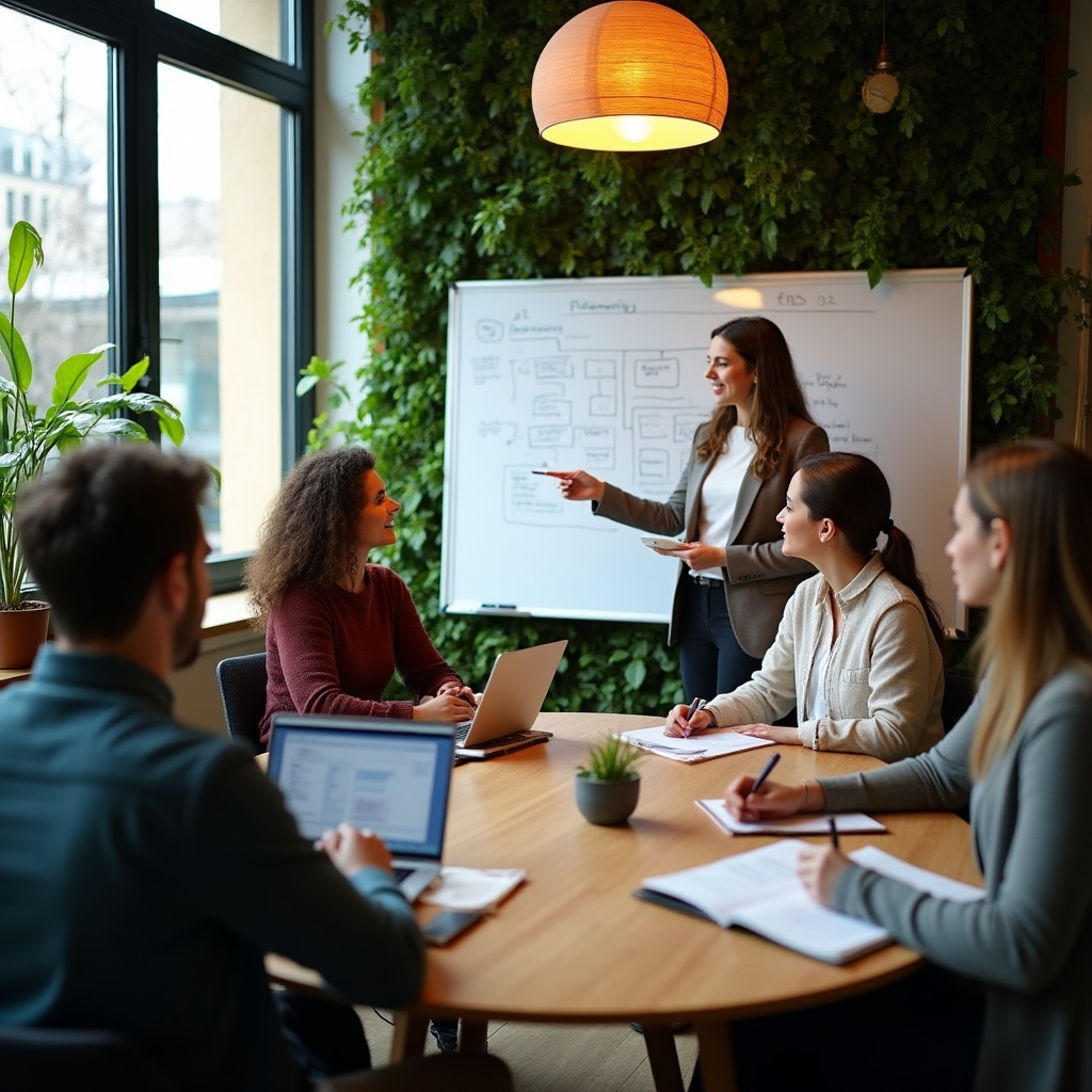 Sesiune de formare în grup, participanți angajați în exerciții practice de productivitate