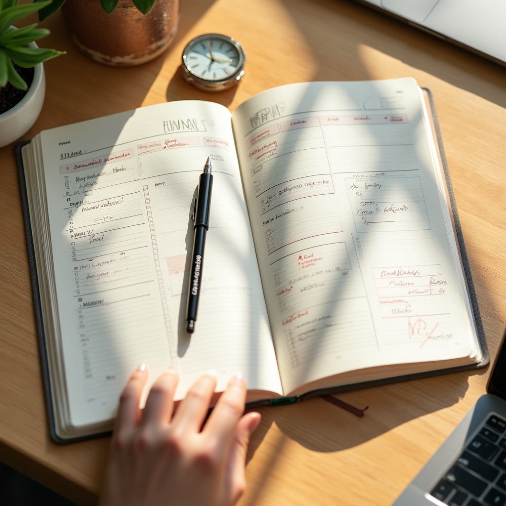 Calendar săptămânal deschis cu planificare detaliată pe birou modern